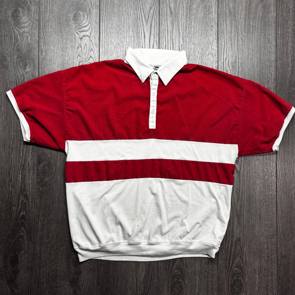 Vintage Steeplechase L Mens Red White Colorblock Rugby Polo Shirt Short Sleeve